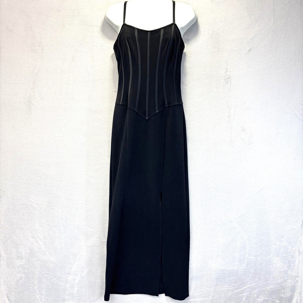 Betsy & Adam Jersey Maxi Dress Womens 6 Black Long Basque Waist Boned Strappy
